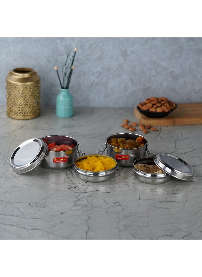 Sumeet Stainless Steel Meal Pack Lunch Box/Tiffin with Steel Separator Plate and Locking Clip, Set of 2Pc, 250ML each, 9.5cm Dia, Silver