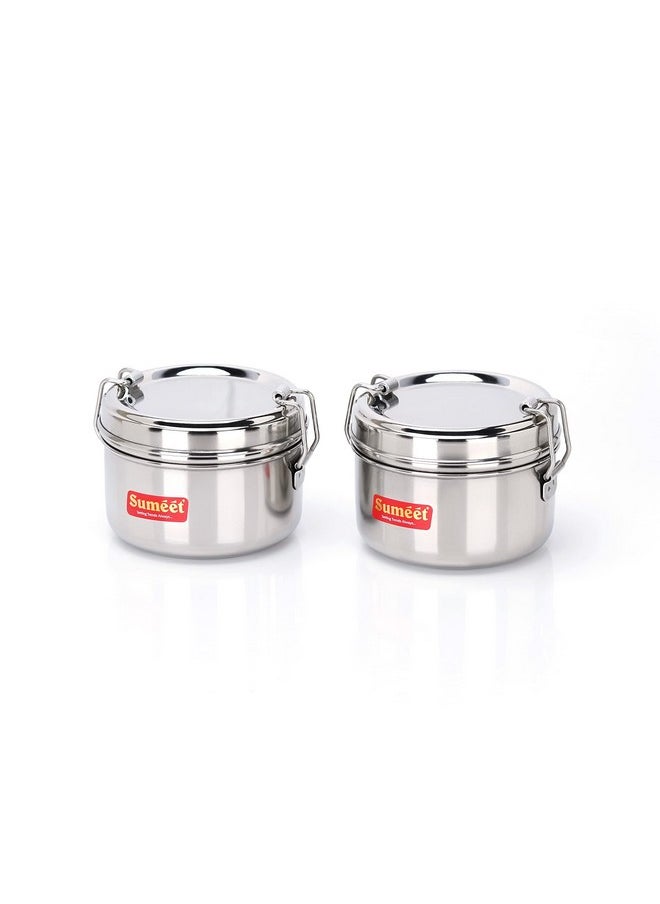 Sumeet Stainless Steel Meal Pack Lunch Box/Tiffin with Steel Separator Plate and Locking Clip, Set of 2Pc, 250ML each, 9.5cm Dia, Silver