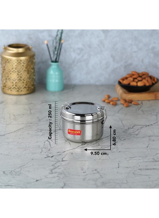 Sumeet Stainless Steel Meal Pack Lunch Box/Tiffin with Steel Separator Plate and Locking Clip, Set of 2Pc, 250ML each, 9.5cm Dia, Silver