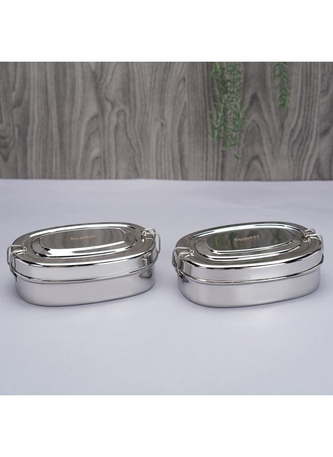 Sumeet Stainless Steel Rectangle Lunch Box/Tiffin with 2 Compartments and Locking Clip, Set of 2 Pcs, 650ML, Ideal for 2 Person - Silver