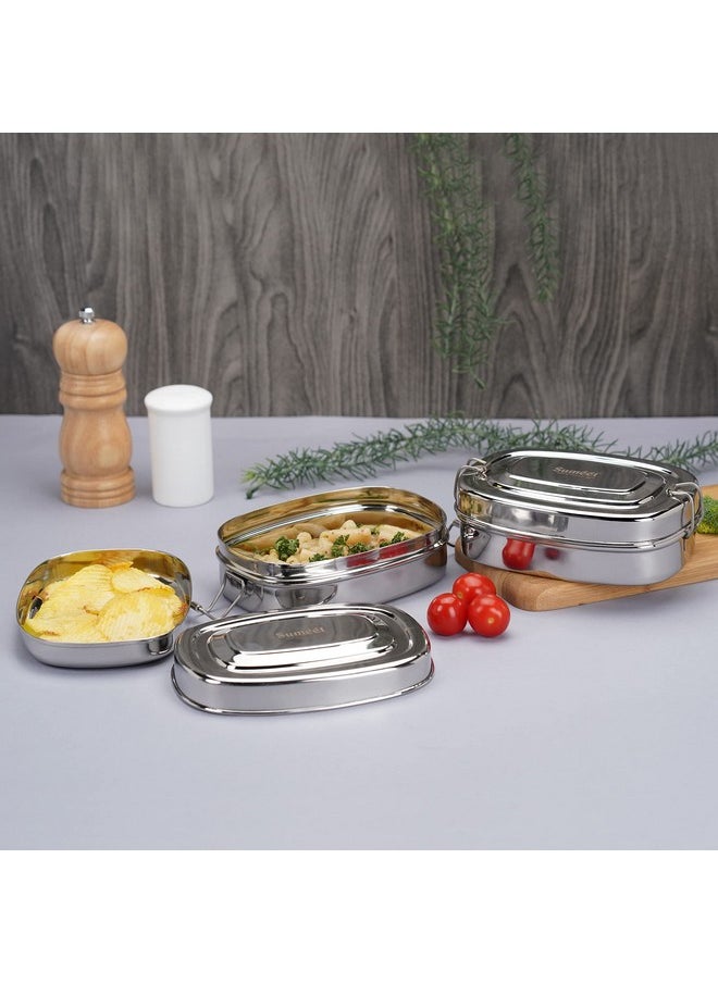 Sumeet Stainless Steel Rectangle Lunch Box/Tiffin with 2 Compartments and Locking Clip, Set of 2 Pcs, 650ML, Ideal for 2 Person - Silver