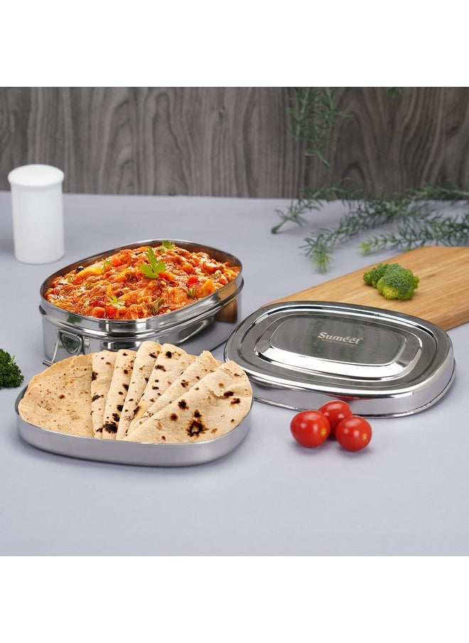 Sumeet Stainless Steel Rectangle Lunch Box/Tiffinwith 2 Compartments and Locking Clip, 1000ML, Ideal for 2 Person - Silver