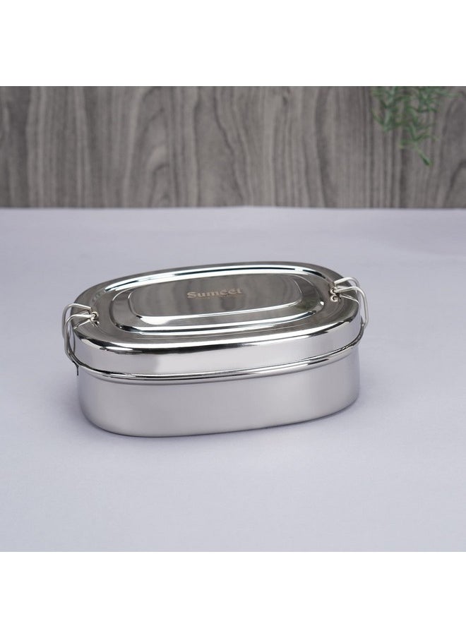Sumeet Stainless Steel Rectangle Lunch Box/Tiffinwith 2 Compartments and Locking Clip, 1000ML, Ideal for 2 Person - Silver