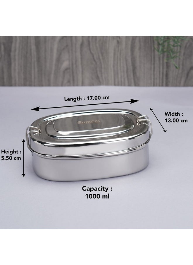 Sumeet Stainless Steel Rectangle Lunch Box/Tiffinwith 2 Compartments and Locking Clip, 1000ML, Ideal for 2 Person - Silver