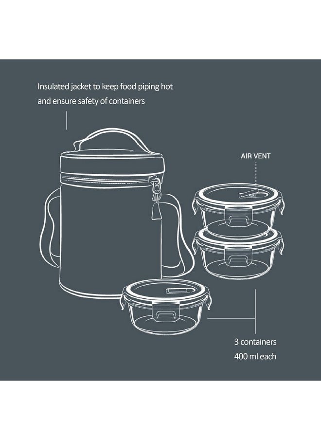 Treo Milton All Fresh Borosilicate Glass Tiffin,400 Ml,Set Of 3,Transparent