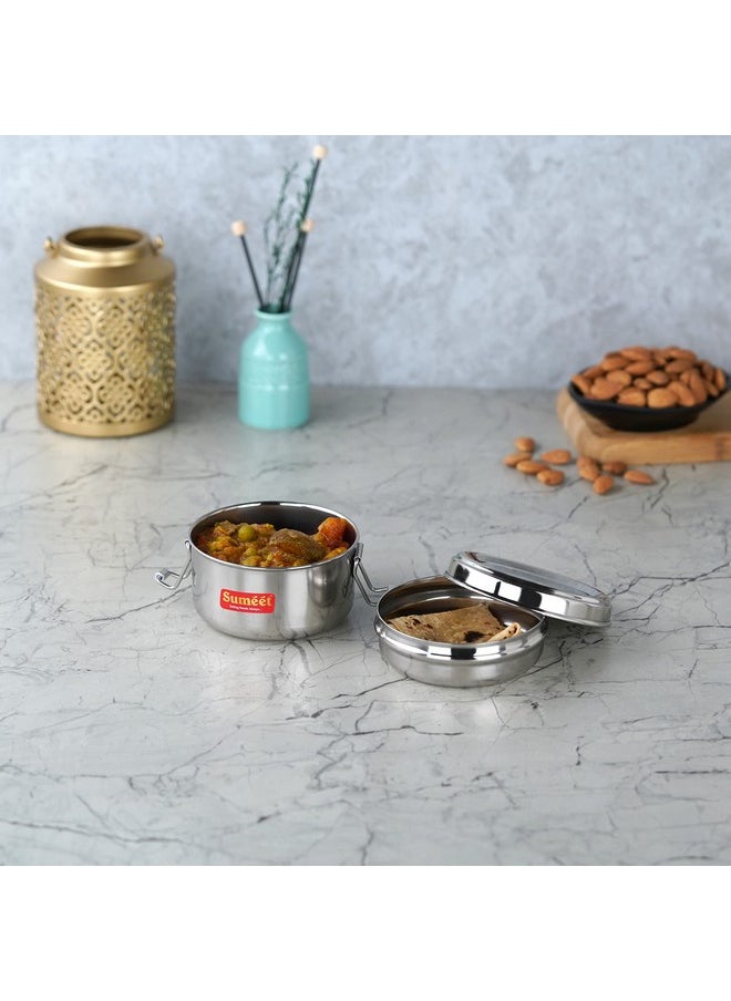 Sumeet Stainless Steel Meal Pack Lunch Box/Tiffin with Steel Separator Plate and Locking Clip, 250ML, 9.5cm Dia, Silver