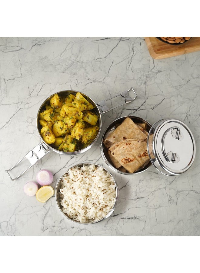 Sumeet Stainless Steel 3 Compartment Lunch Box/Tiffin with Lid and Handle, 11.5Cm Dia, (1500ML, Silver)
