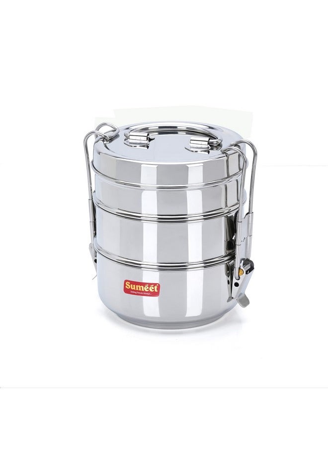 Sumeet Stainless Steel 3 Compartment Lunch Box/Tiffin with Lid and Handle, 11.5Cm Dia, (1500ML, Silver)