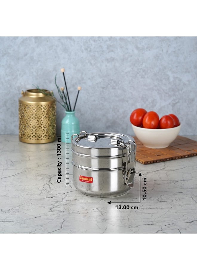 Sumeet Stainless Steel 2 Compartment Lunch Box/Tiffin with Lid and Handle, 13Cm Dia, (1300ML, Silver)