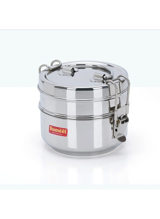 Sumeet Stainless Steel 2 Compartment Lunch Box/Tiffin with Lid and Handle, 13Cm Dia, (1300ML, Silver)