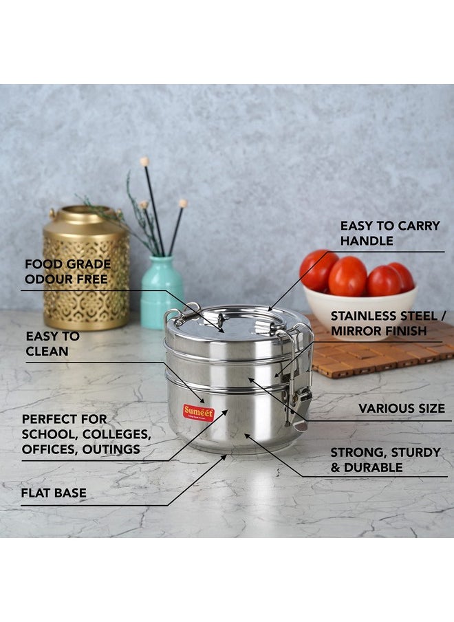 Sumeet Stainless Steel 2 Compartment Lunch Box/Tiffin with Lid and Handle, 13Cm Dia, (1300ML, Silver)