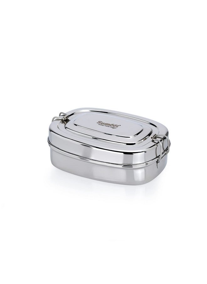 Sumeet Stainless Steel Rectangle Lunch Box/Tiffin with 2 Compartments and Locking Clip, 650ML, Ideal for 1 Person - Silver