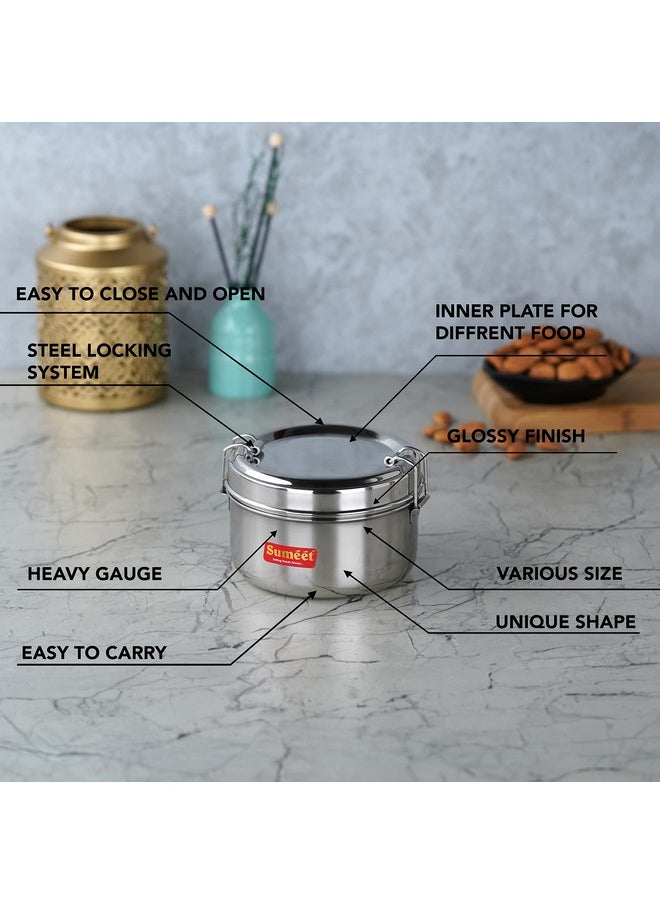 Sumeet Stainless Steel Meal Pack Lunch Box/Tiffin with Steel Separator Plate and Locking Clip, Set of 2Pc, 300ML each, 11.5cm Dia, Silver