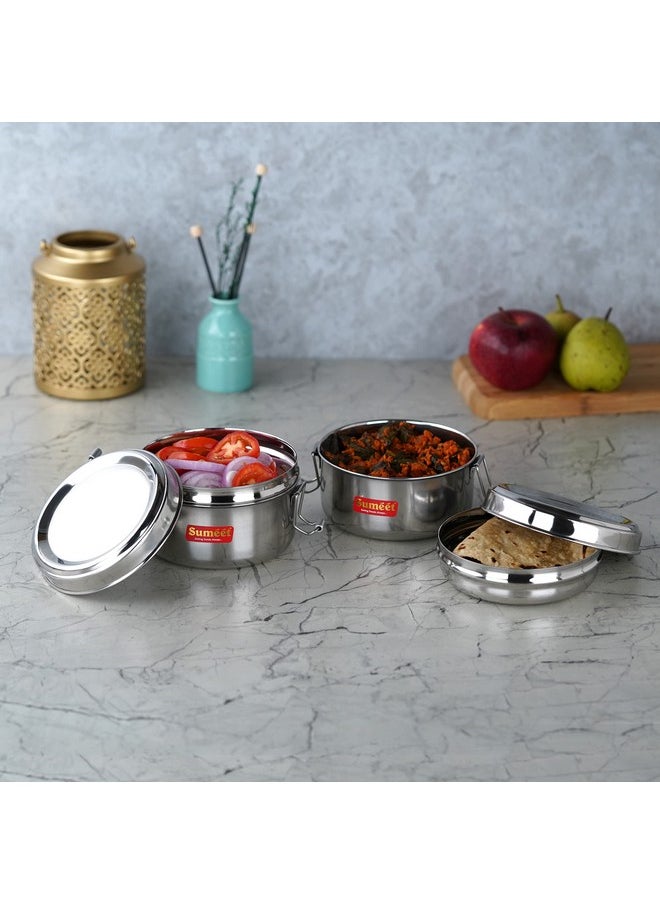 Sumeet Stainless Steel Meal Pack Lunch Box/Tiffin with Steel Separator Plate and Locking Clip, Set of 2Pc, 300ML each, 11.5cm Dia, Silver