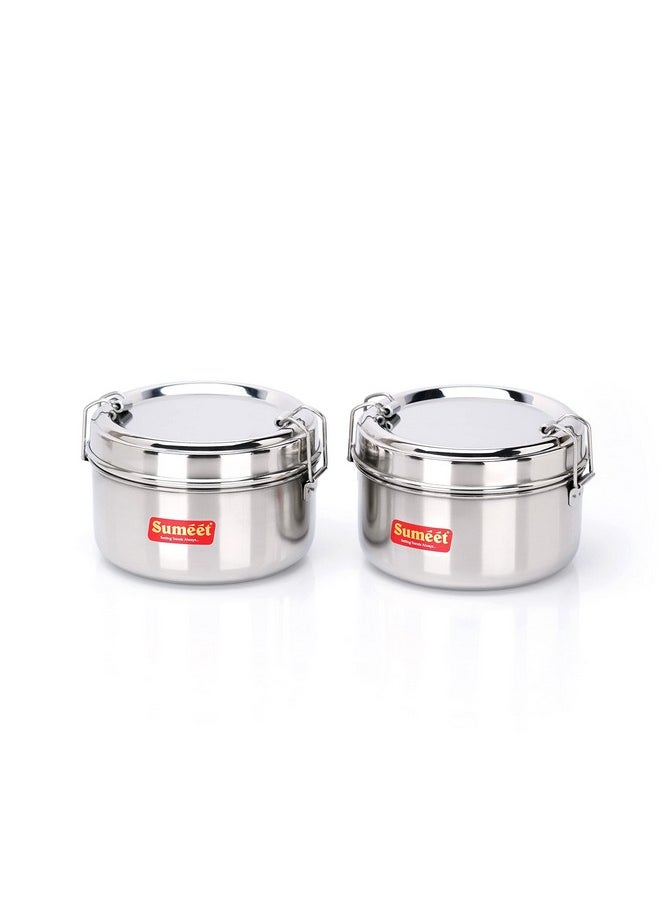 Sumeet Stainless Steel Meal Pack Lunch Box/Tiffin with Steel Separator Plate and Locking Clip, Set of 2Pc, 300ML each, 11.5cm Dia, Silver