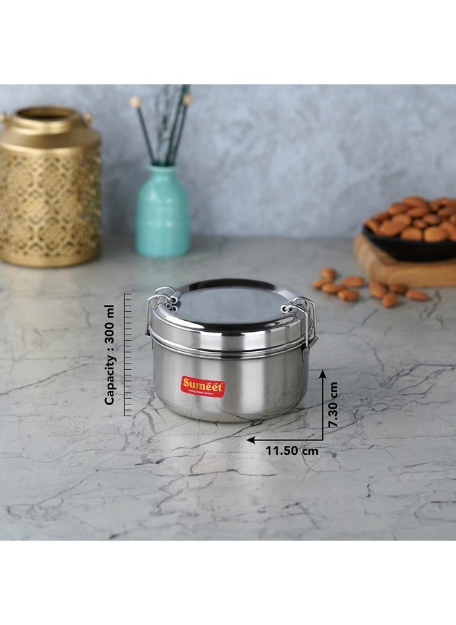 Sumeet Stainless Steel Meal Pack Lunch Box/Tiffin with Steel Separator Plate and Locking Clip, Set of 2Pc, 300ML each, 11.5cm Dia, Silver