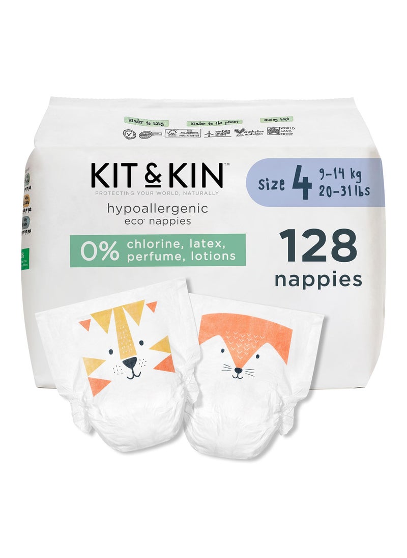 Kit & Kin Premium Eco Baby Nappies Size 4 | 9-14 kgs / 20-31 lbs | Pack of 128 Nappies | Plant-Based & Hypoallergenic | Superior up to 12 Hour Leak Protection | Vegan & Cruelty
