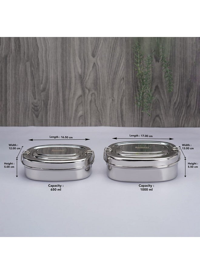 Sumeet Stainless Steel Rectangle Lunch Box/Tiffin with with 2 Compartments and Locking Clip,Set of 2 Pcs, 650ML & 1000ML, Ideal for 4 Person - Silver