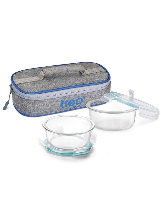 Treo by Milton All Fresh Round Glass Lunch Boxes, Set of 2 (400 ml Each) with Lunch Bag, Microwave & Dishwasher Safe, Leak Proof Containers, Borosilicate Glass, Office Tiffin, Transparent