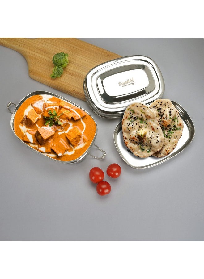 Sumeet Stainless Steel Rectangle Lunch Box/Tiffin with 2 Compartments and Locking Clip, 550ML, Ideal for 1 Person - Silver