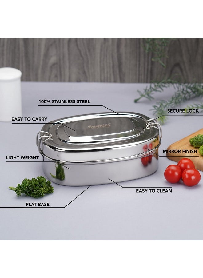 Sumeet Stainless Steel Rectangle Lunch Box/Tiffin with 2 Compartments and Locking Clip, 550ML, Ideal for 1 Person - Silver