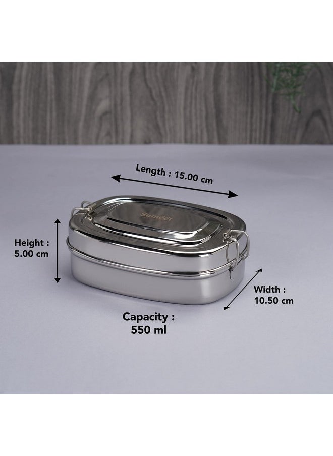 Sumeet Stainless Steel Rectangle Lunch Box/Tiffin with 2 Compartments and Locking Clip, 550ML, Ideal for 1 Person - Silver