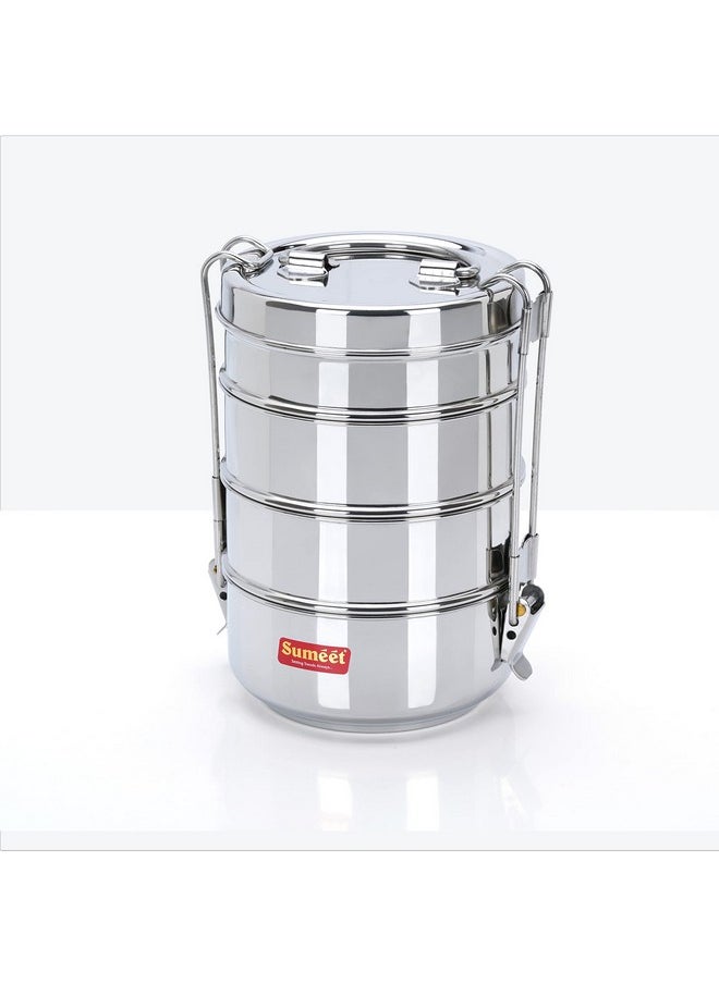 Sumeet Stainless Steel 4 Compartment Lunch Box/Tiffin with Lid and Handle, 11.5Cm Dia, (2000ML, Silver)