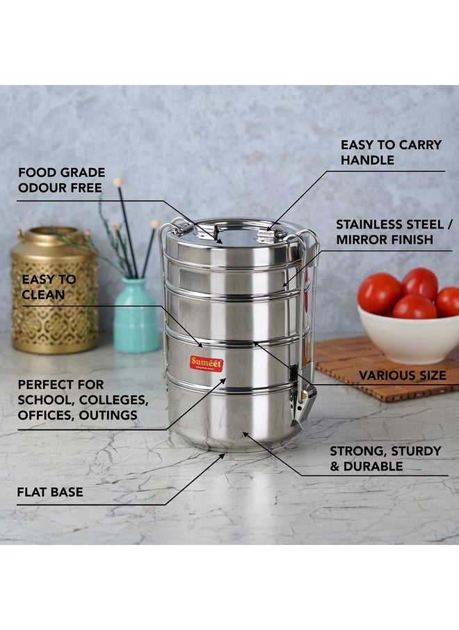 Sumeet Stainless Steel 4 Compartment Lunch Box/Tiffin with Lid and Handle, 11.5Cm Dia, (2000ML, Silver)