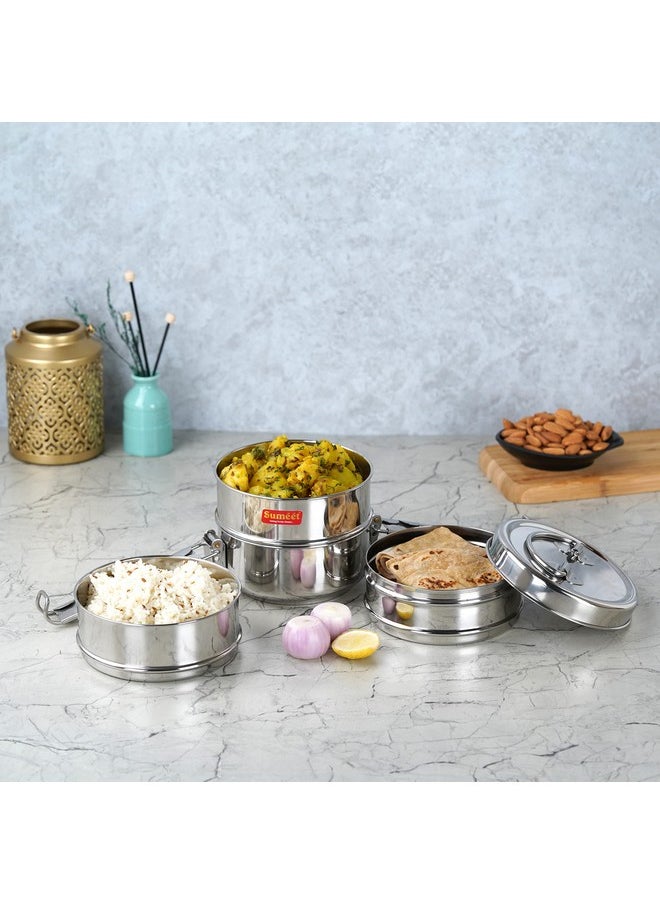 Sumeet Stainless Steel 4 Compartment Lunch Box/Tiffin with Lid and Handle, 11.5Cm Dia, (2000ML, Silver)