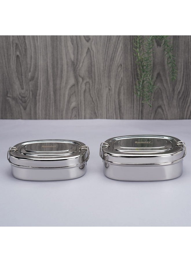 Sumeet Stainless Steel Rectangle Lunch Box/Tiffin with with 2 Compartments and Locking Clip,Set of 2 Pcs, 650ML & 1000ML, Ideal for 4 Person - Silver