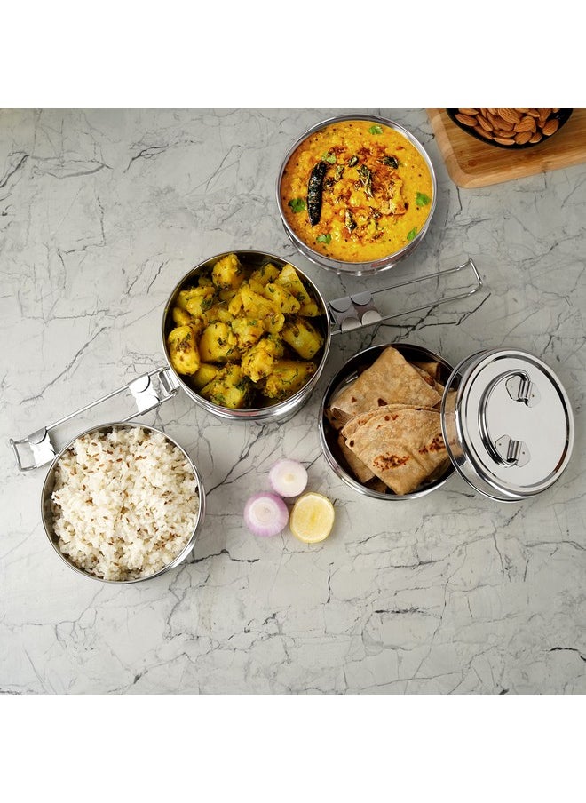 Sumeet Stainless Steel 4 Compartment Lunch Box/Tiffin with Lid and Handle, 13Cm Dia, (2550ML, Silver)