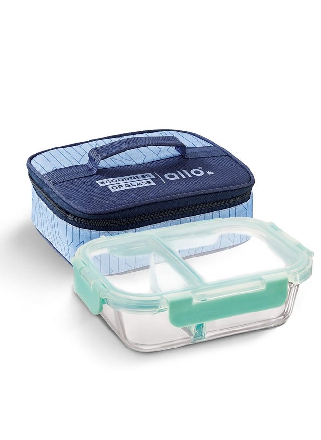 Allo FoodSafe Compartment Glass Lunch Box with Break Free Lock, Oven & Microwave Safe, Borosilicate Glass Container with Partition Divider, Office Tiffin with Space Blue Bag, 580ml, Rectangle