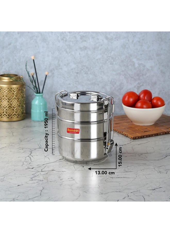 Sumeet Stainless Steel 3 Compartment Lunch Box/Tiffin with Lid and Handle, 13Cm Dia, (1950ML, Silver)