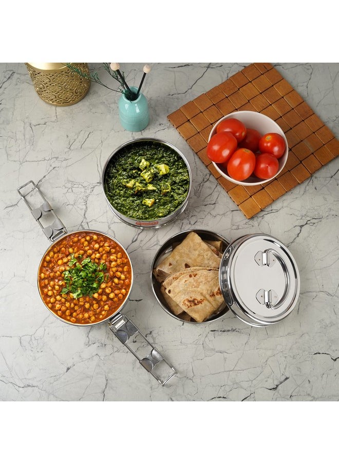 Sumeet Stainless Steel 3 Compartment Lunch Box/Tiffin with Lid and Handle, 13Cm Dia, (1950ML, Silver)
