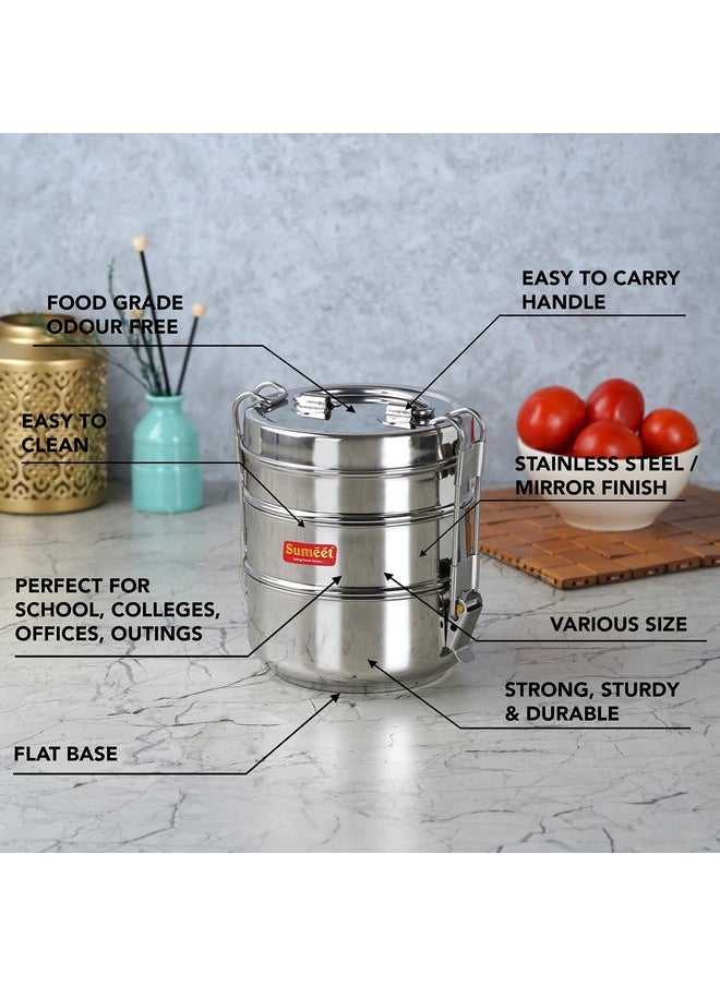 Sumeet Stainless Steel 3 Compartment Lunch Box/Tiffin with Lid and Handle, 13Cm Dia, (1950ML, Silver)