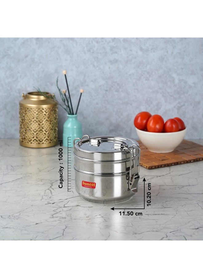Sumeet Stainless Steel 2 Compartment Lunch Box/Tiffin with Lid and Handle, 11.5Cm Dia, (1000ML, Silver)