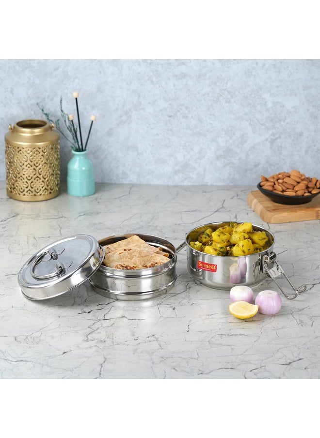 Sumeet Stainless Steel 2 Compartment Lunch Box/Tiffin with Lid and Handle, 11.5Cm Dia, (1000ML, Silver)