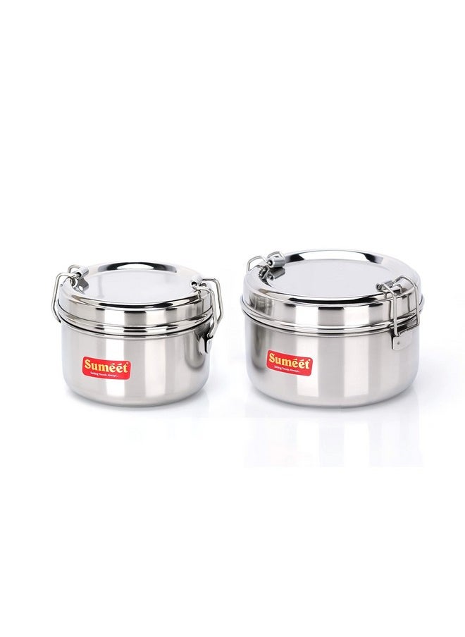 Sumeet Stainless Steel Meal Pack Lunch Box/Tiffin with Steel Separator Plate and Locking Clip, Set of 2Pc, 250ML & 300ML, 9.5cm & 11.5cm Dia, Silver