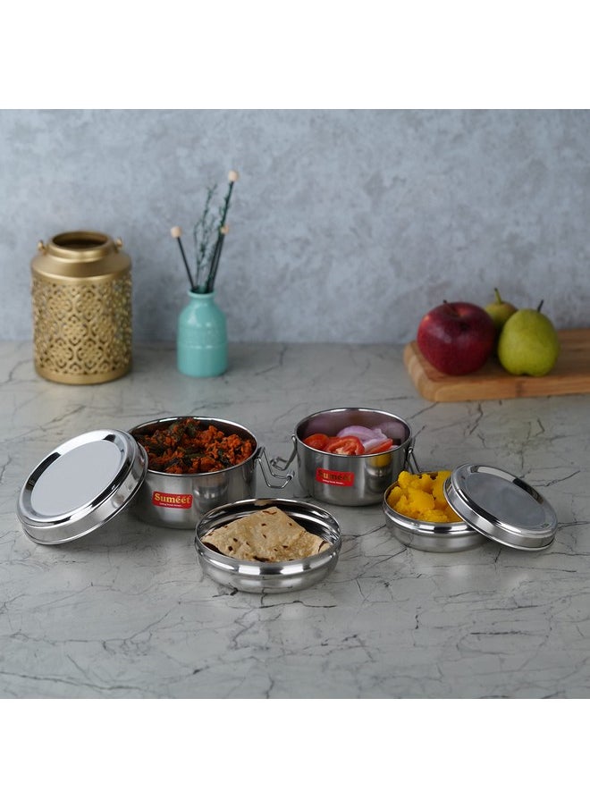 Sumeet Stainless Steel Meal Pack Lunch Box/Tiffin with Steel Separator Plate and Locking Clip, Set of 2Pc, 250ML & 300ML, 9.5cm & 11.5cm Dia, Silver