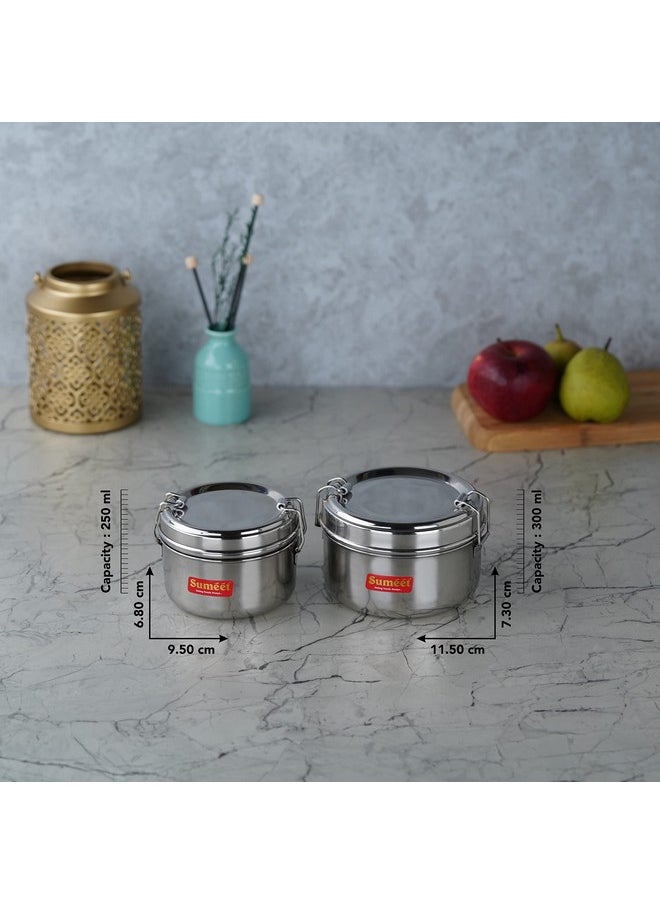 Sumeet Stainless Steel Meal Pack Lunch Box/Tiffin with Steel Separator Plate and Locking Clip, Set of 2Pc, 250ML & 300ML, 9.5cm & 11.5cm Dia, Silver