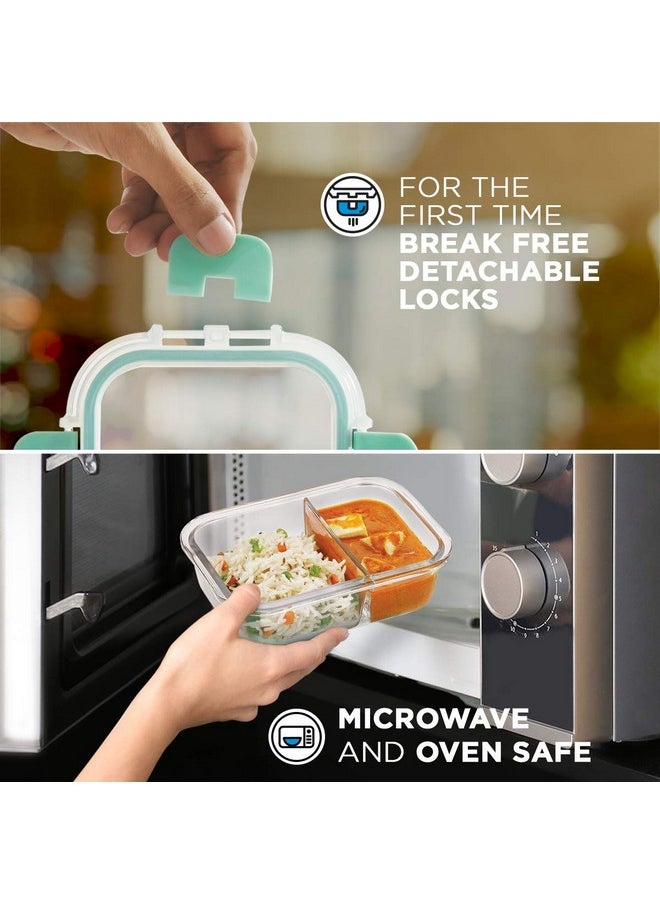Allo FoodSafe Compartment Glass Lunch Box with Break Free Lock, Microwave Safe, Borosilicate Glass Container with Partition Divider, Office Tiffin with Canvas Grey Bag, 1000ml, Rectangle