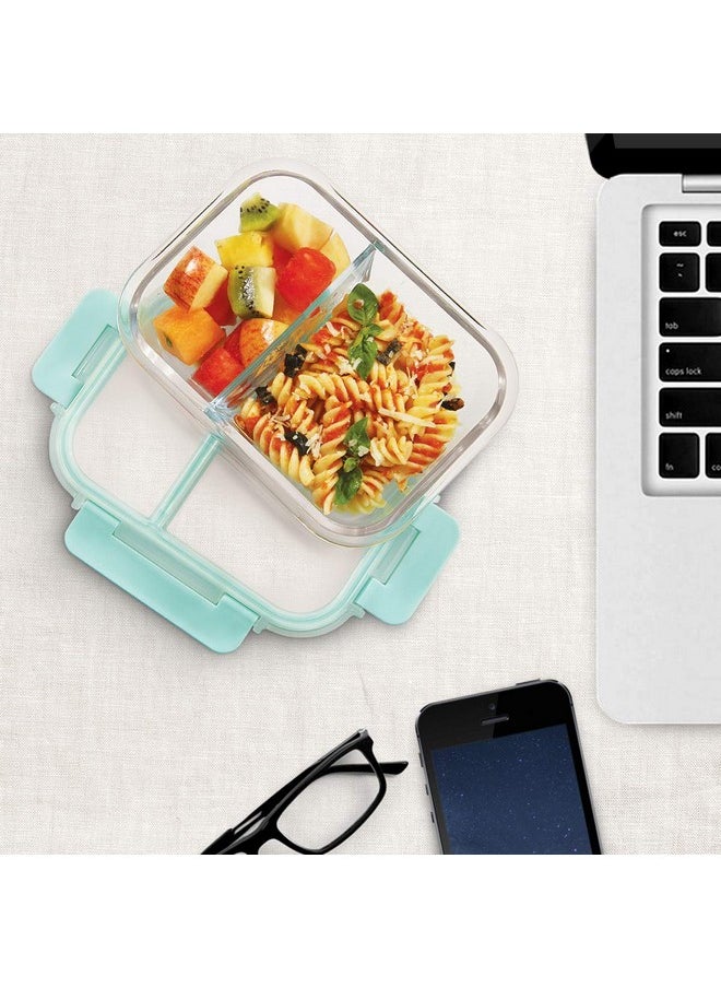 Allo FoodSafe Compartment Glass Lunch Box with Break Free Lock, Microwave Safe, Borosilicate Glass Container with Partition Divider, Office Tiffin with Canvas Grey Bag, 1000ml, Rectangle
