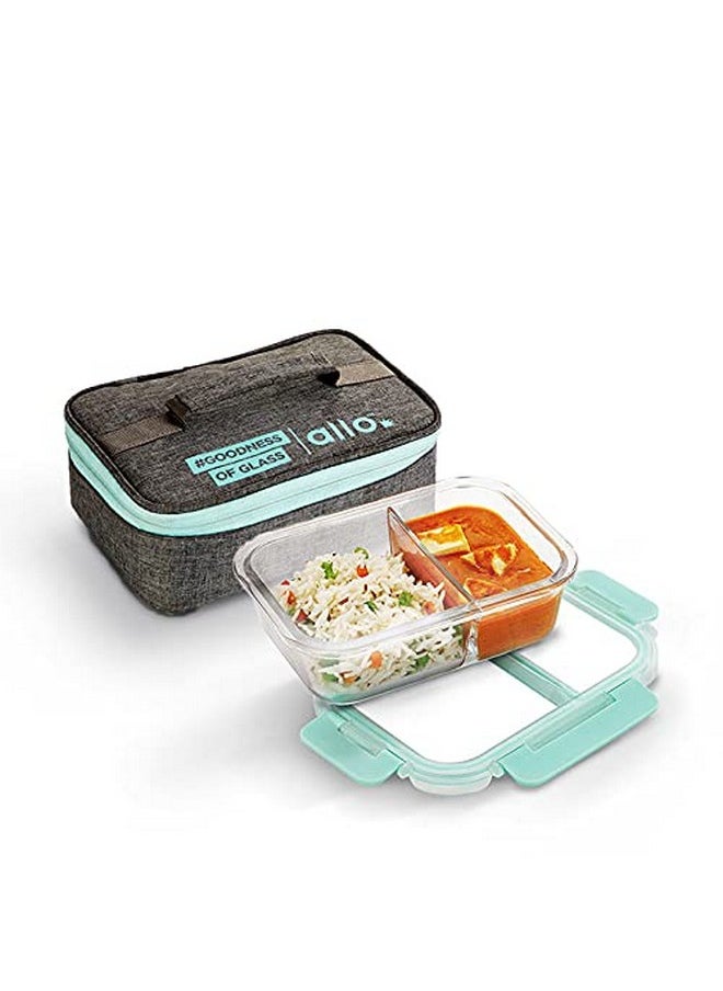 Allo FoodSafe Compartment Glass Lunch Box with Break Free Lock, Microwave Safe, Borosilicate Glass Container with Partition Divider, Office Tiffin with Canvas Grey Bag, 1000ml, Rectangle