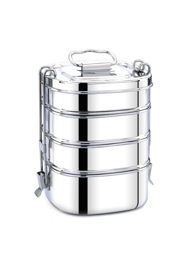 Expresso - Square Shape Stainless Steel Food Grade Lunch Box | Traditional Tiffin Carrier/Container for School/Office, Dia 13cm | 4 Tier