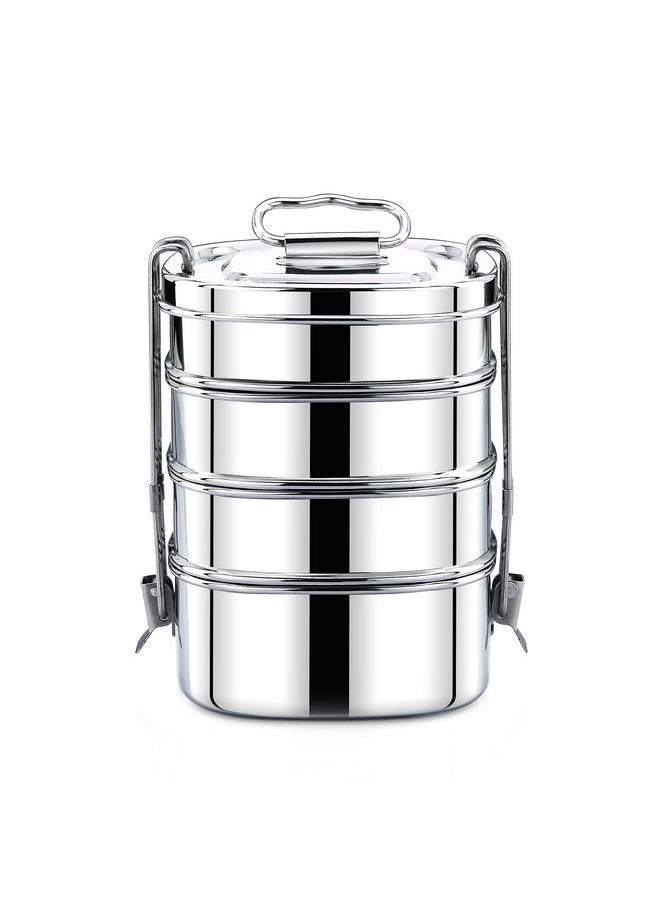 Expresso - Square Shape Stainless Steel Food Grade Lunch Box | Traditional Tiffin Carrier/Container for School/Office, Dia 13cm | 4 Tier