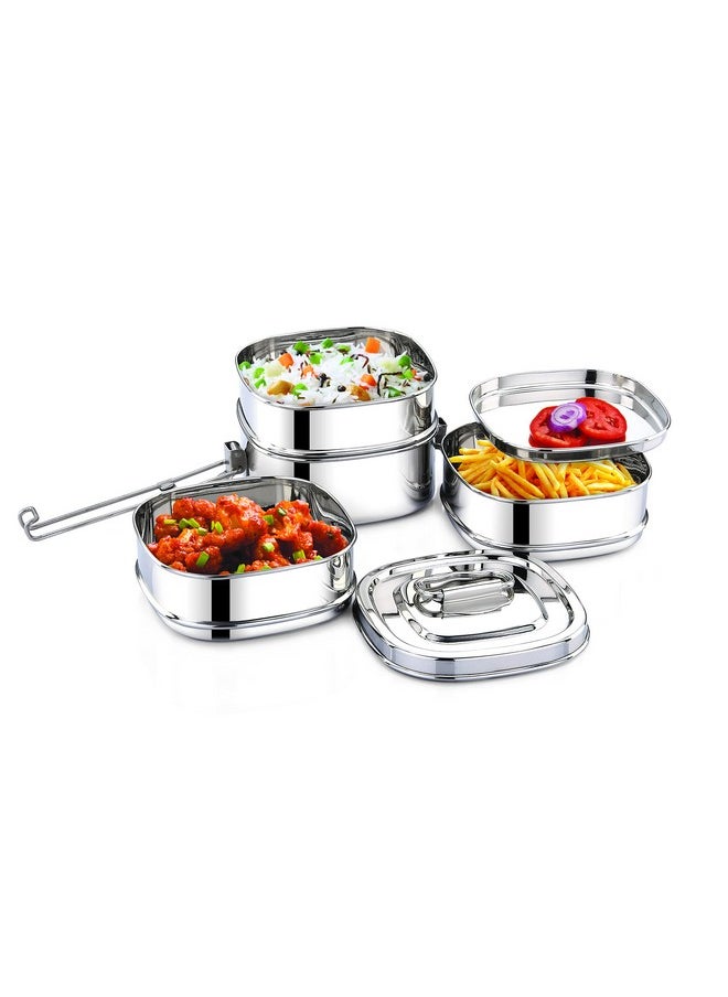 Expresso - Square Shape Stainless Steel Food Grade Lunch Box | Traditional Tiffin Carrier/Container for School/Office, Dia 13cm | 4 Tier