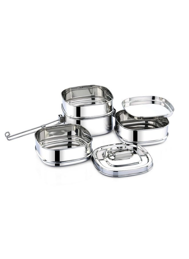 Expresso - Square Shape Stainless Steel Food Grade Lunch Box | Traditional Tiffin Carrier/Container for School/Office, Dia 13cm | 4 Tier