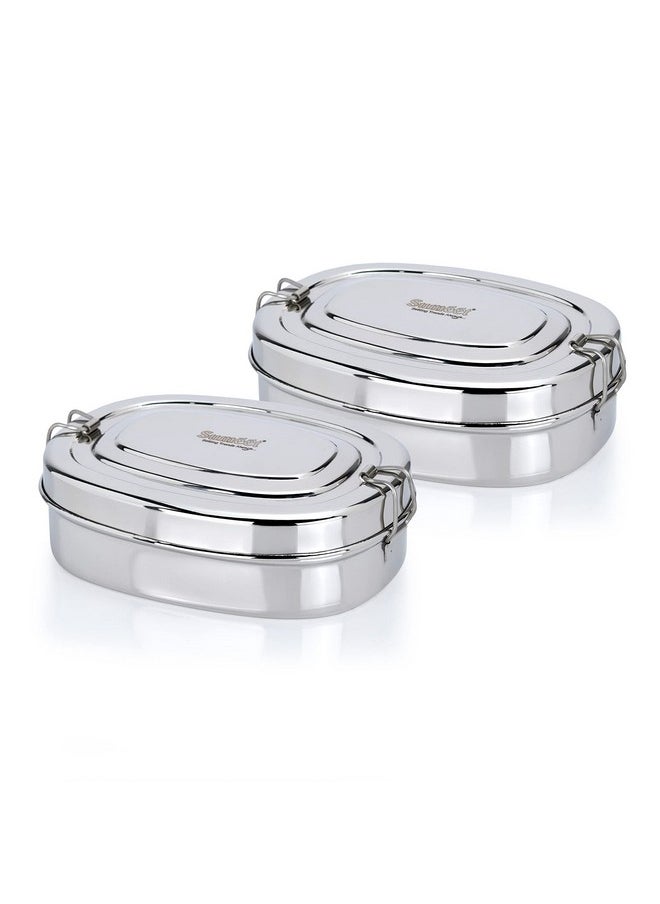 Sumeet Stainless Steel Rectangle Lunch Box/Tiffin with 2 Compartments and Locking Clip, Set of 2 Pcs, 550ML, Ideal for 2 Person - Silver