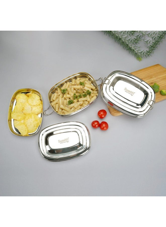 Sumeet Stainless Steel Rectangle Lunch Box/Tiffin with 2 Compartments and Locking Clip,Set of 2 Pcs, 550ML & 650ML, Ideal for 2 Person - Silver
