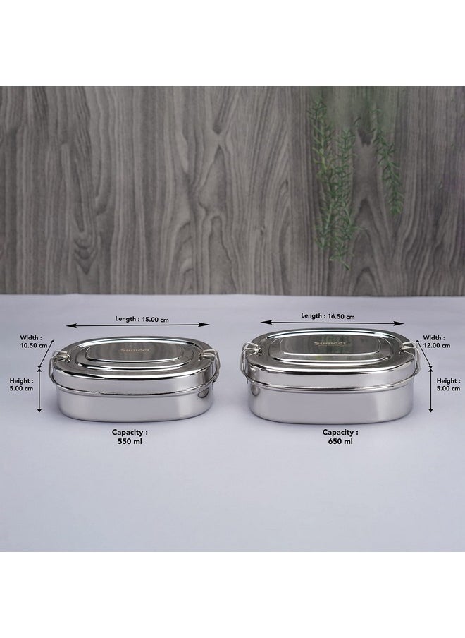 Sumeet Stainless Steel Rectangle Lunch Box/Tiffin with 2 Compartments and Locking Clip,Set of 2 Pcs, 550ML & 650ML, Ideal for 2 Person - Silver